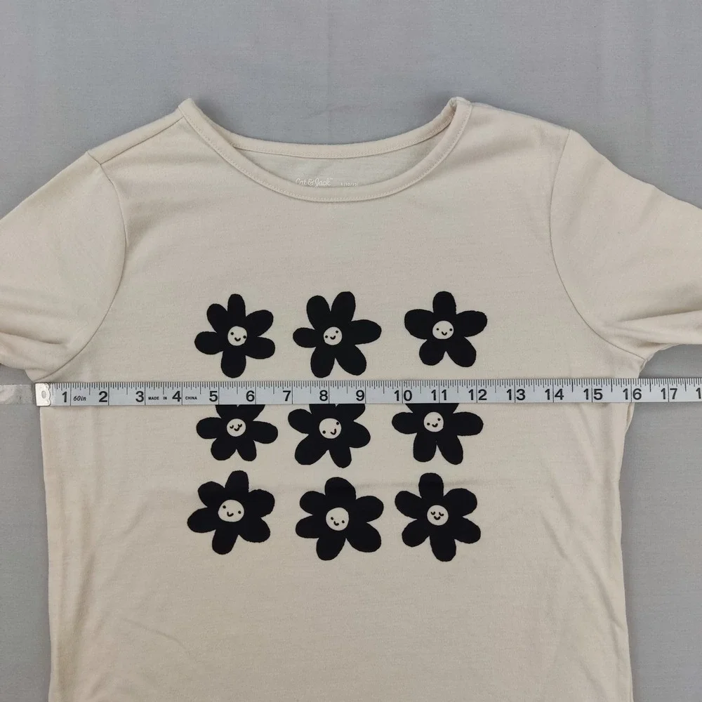 Cat & Jack Pajama Top Girls L 10/12 Cream Flower Print Lettuce Edge Sleep Shirt